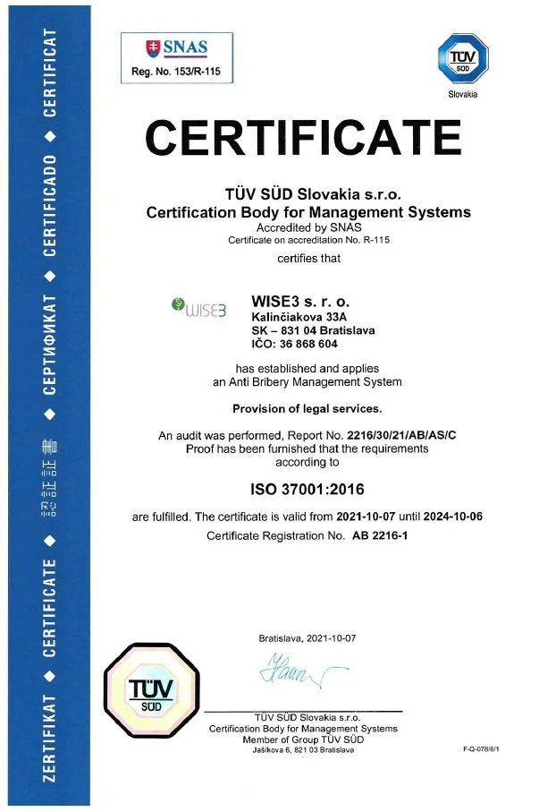 WISE3 získala certifikát ISO 37001:2016