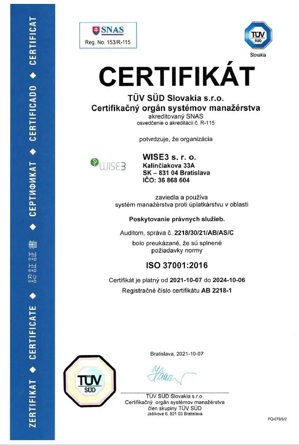WISE3 získala certifikát ISO 37001:2016