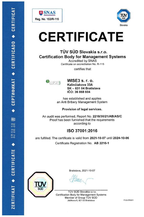 WISE3 certifikát ISO37001:2016 EN